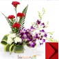 4 purple orchids 8 red n white carnations vase and card