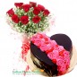 half kg roses on heart designer chocolate cake and 10 roses
