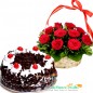 1Kg Eggless Black Forest N Red Roses Basket