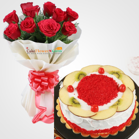 red velvet fruit cake and red roses bouquet | flower and cake delivery