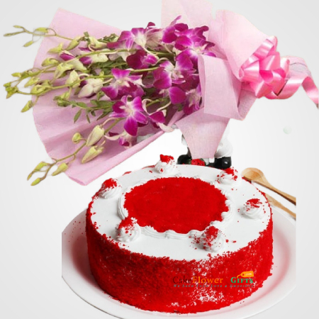 Red Velvet Cake Eggless and 6 purple orchids bouquet | flower and cake delivery