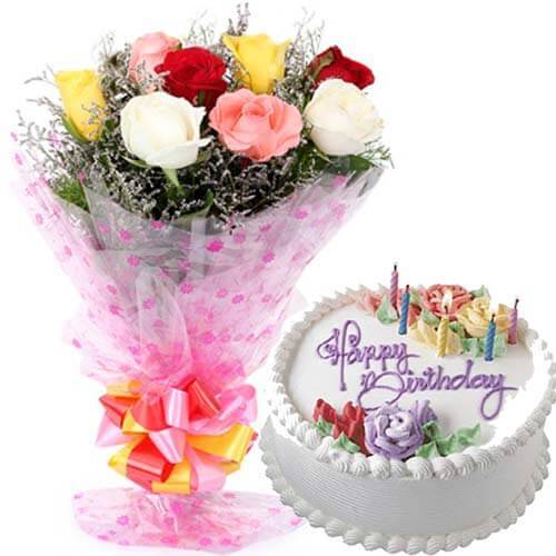500gms Vanilla Cake with Mix roses Bunch 