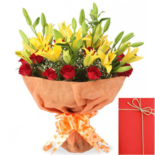 lilies roses bouquet with Greeting Card