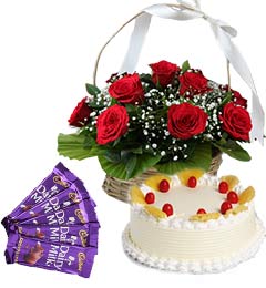 Half Kg Pineapple Cake Red Roses Basket n Chocolate 