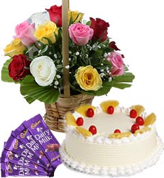 1Kg Pineapple Cake Mix Roses Basket n Chocolate