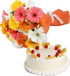 Eggless Pineapple Cake Half Kg N Gerberas Bouquet
