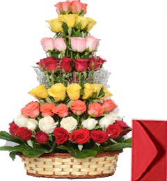 Red Pink Yellow White Orange Roses Basket