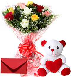 10 Mix Roses Bouquet N Cute Teddy