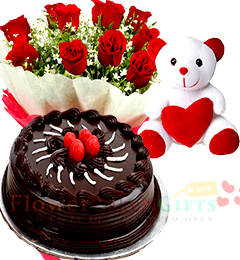 Red Rose Bouquet and 500gms Chocolate Eggless Cake Teddy