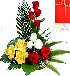 12 Mix Color Roses in Basket n Card