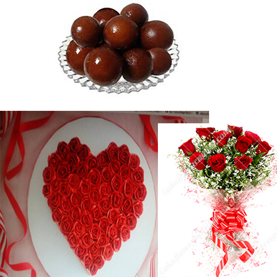 1 Kg 500gms Roses Cake 500gms gulab jamun pack and 10 Red Roses Bunch
