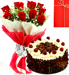 2KG Black Forest Cake Roses bouquet Greeting Card
