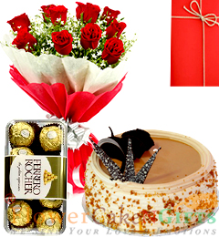 Half Kg Butterscotch cake Red Roses Flower Bouquet Ferrero Rocher Chocolate