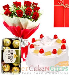 Half Kg pineapple cake Red Roses Flower Bouquet Ferrero Rocher Chocolate