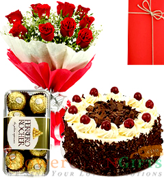 Half Kg Black Forest cake Red Roses Flower Bouquet Ferrero Rocher Chocolate