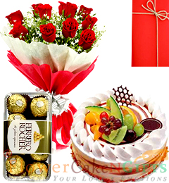 Half Kg Black fruits cake 10 Red Roses Flower Bouquet 16 Ferrero Rocher Chocolate