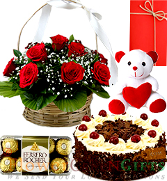 500gms Black Forest Cake Roses Basket  Teddy Ferrero Rocher Gifts