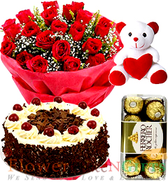 500gms Black Forest Cake Red Rose Bouquet  Ferrero Rochher Chocolate Teddy Bear