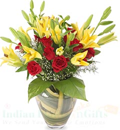 roses and lilies flower vase