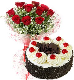 1Kg Eggless Black Forest Cake N Red Roses Bouquet