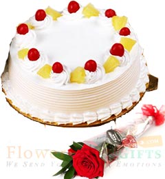 Half Kg Pineapple cake n 1 Red Rose