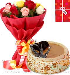 1Kg Butterscotch Cake 10 Mix Roses bouquet n Greeting Card