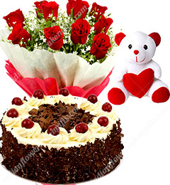 Half Kg Black Forest Cake Red Roses Bouquet Teddy Bear