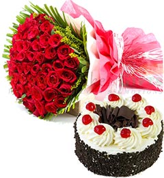 50 Red Roses Flower Bouquet  Half  Kg Black Forest Cake