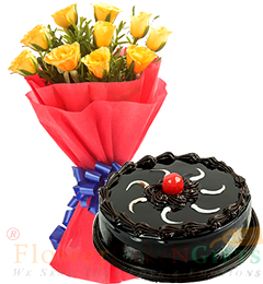 Half Kg Chocolate Cake n Yellow Roses Flower Bouquet