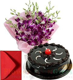 Orchid Bunch with Half Chocolate Truffles Cake Card