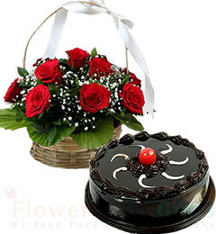 Chocolate Traffle Cake Half Kg N Red Roses Basket