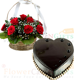 2Kg Heart Shape Chocolate Truffle Cake N Red Roses Basket