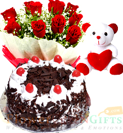 Half Kg Black Forest Eggless Cake Red Roses Bouquet Teddy Bear