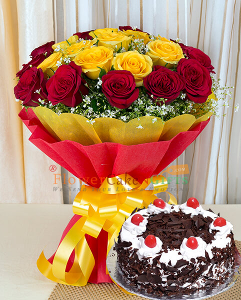 Black Forest Cake Half Kg with Yellow Red Roses Bouquet n Card