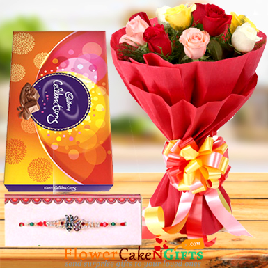 Designer Rakhi Roses Flower Bouquet n Cadbury Celebrations Chocolate Gift