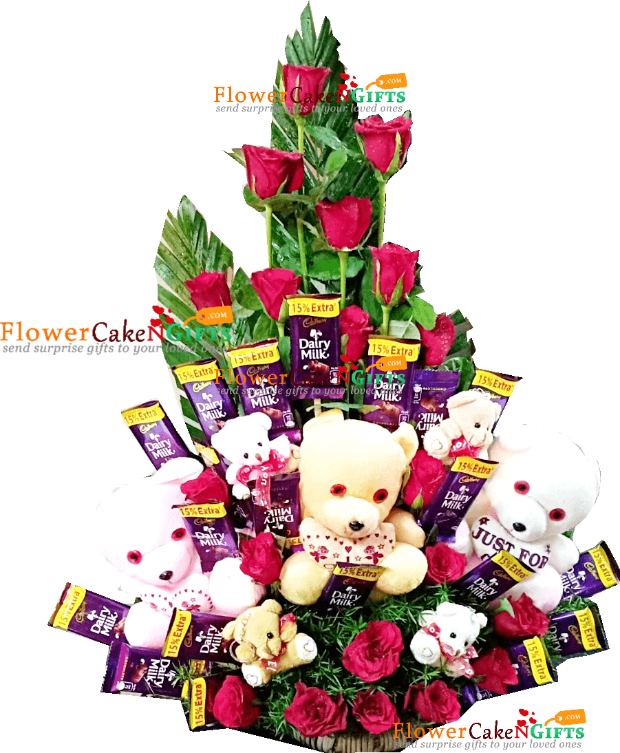 Teddy Roses Flower n Chocolate Bouquet