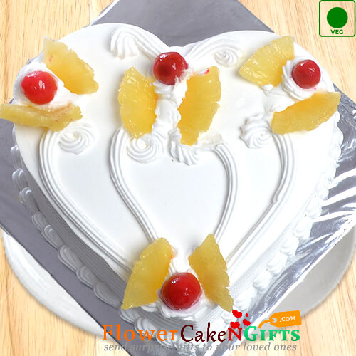 Half Kg Eggless Pineapple Cake Heart Shape