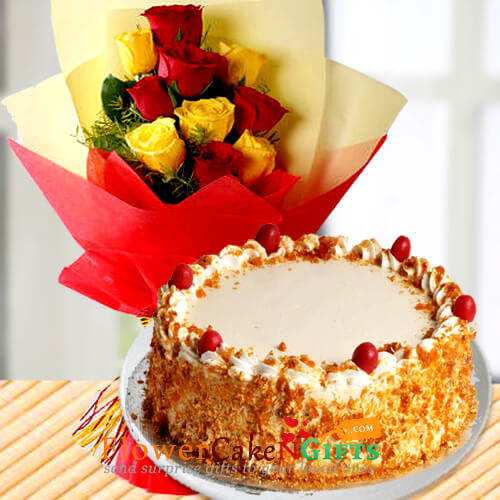 Yellow Red Roses Bouquet n Half Kg Butterscotch Cake