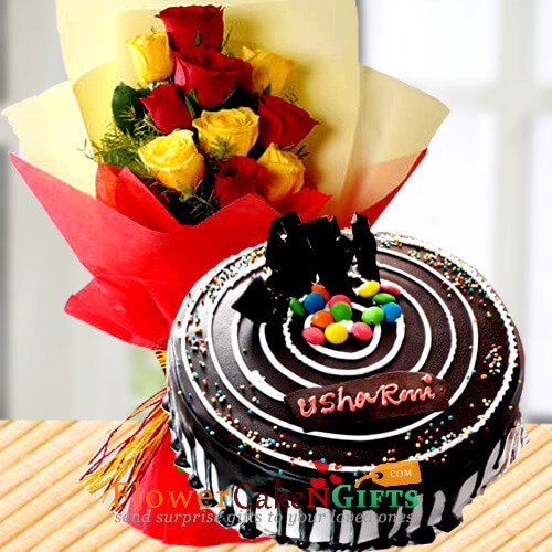 half kg choco vanilla cake n yellow red roses bouquet