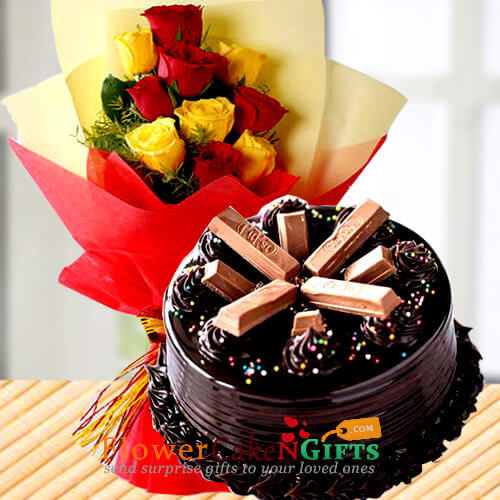 half kg kit kat cake n yellow red roses bouquet