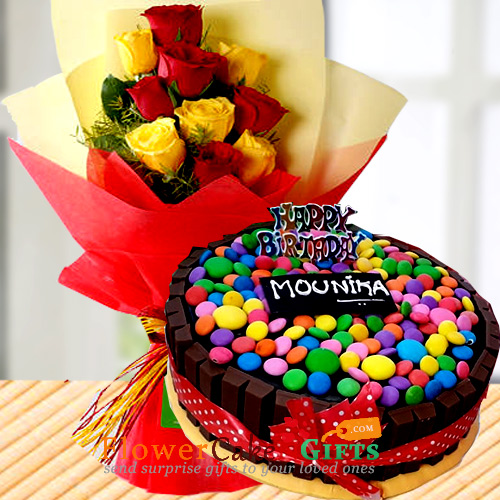 half kg kitkat gems cake n yellow red roses bouquet