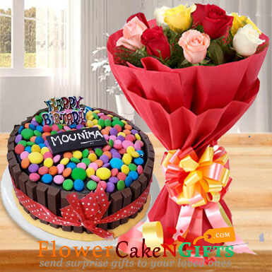 half kg eggless kitkat gems chocolate cake ten mix roses