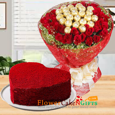 half kg red velvet heart shape cake n roses chocolate bouquet