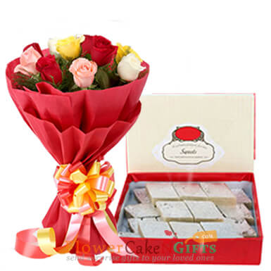 10 mix roses and 1 kg kaju barfi sweets