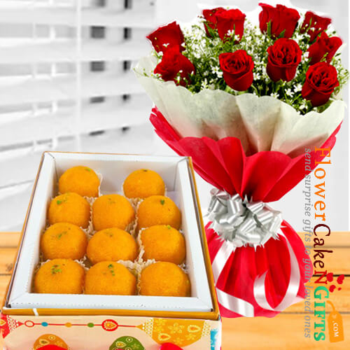 500 gms pure ghee laddu sweet box and red roses bouquet