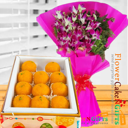 1kg pure ghee laddu sweet box and orchid bouquet