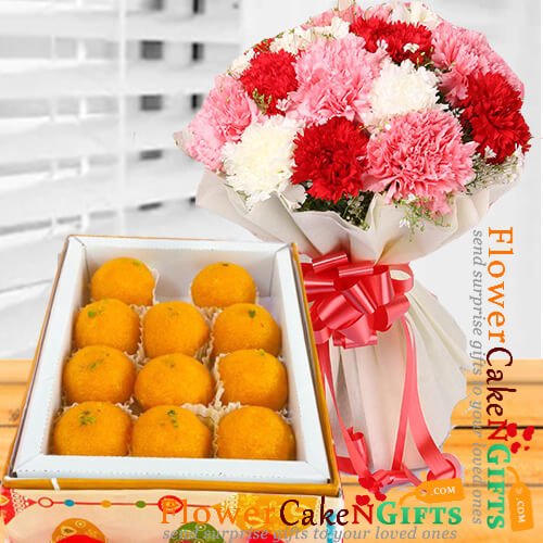 1kg pure ghee laddu sweet box and carnation flower bouquet