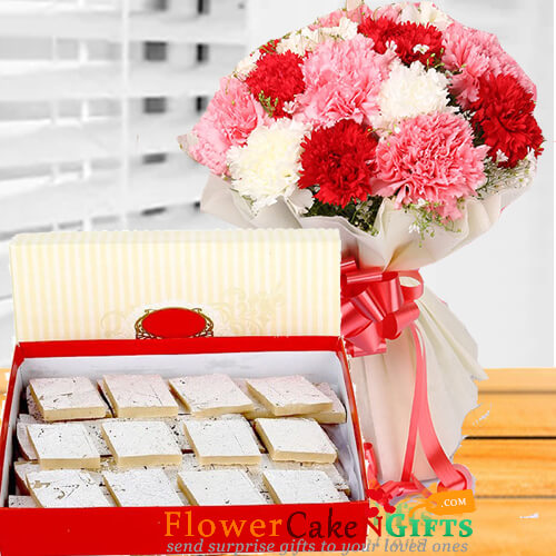 half kg kaju barfi sweet and mix carnation flower bouquet