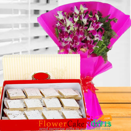 1kg kaju barfi sweet and orchid flower bouquet