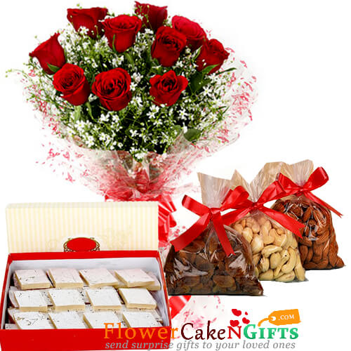 half kg dry fruits half kg kaju barfi n roses bouquet